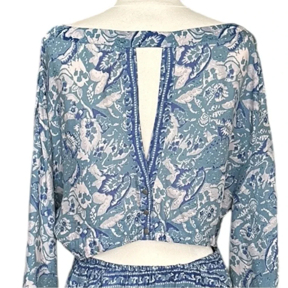 FREE PEOPLE Bohemian Mini Dress Silver Sun‎ Cutout Blue Washed Pockets, Medium